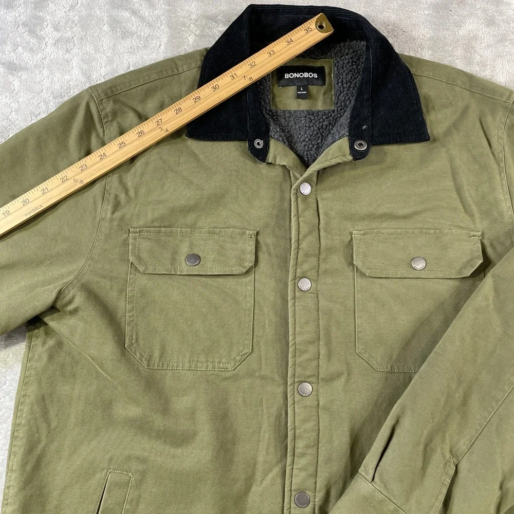 Bonobos Sherpa Lined Barn Jacket Mens Large Green‎ Corduroy Collar Snap Pockets